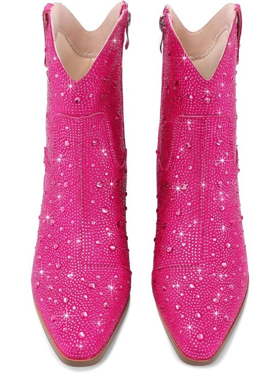 Shoes - Women's Pink Western Booties Rhinestone Chunky Heel Fashion Cowgirl Ankle Boots